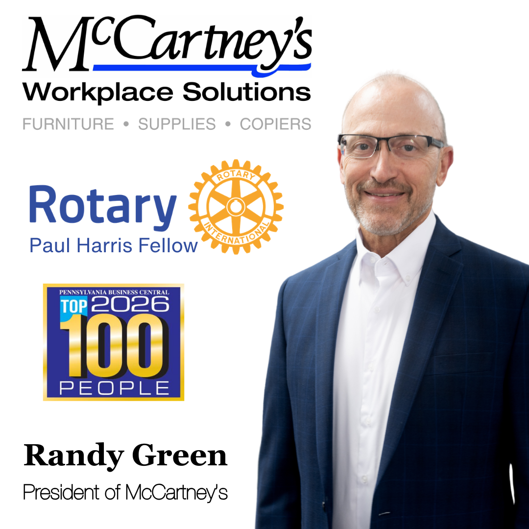 Headshot of Randy Green with McCartney's Logo and logos for his awards, the Rotary Paul Harris Fellowship and the PA Top 100 Peaople